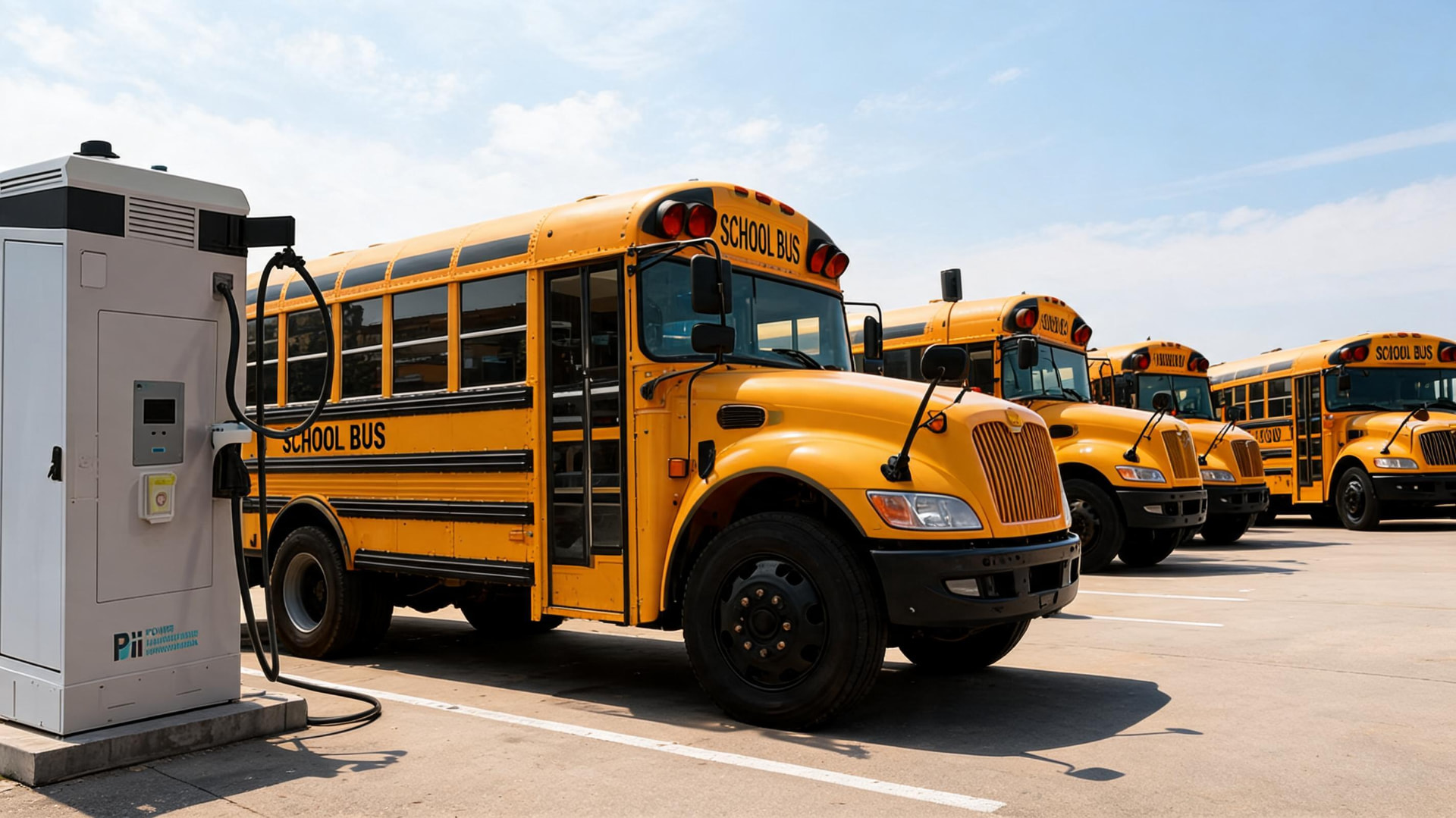 Pii bi-directional charger at a school bus depot with yellow school buses