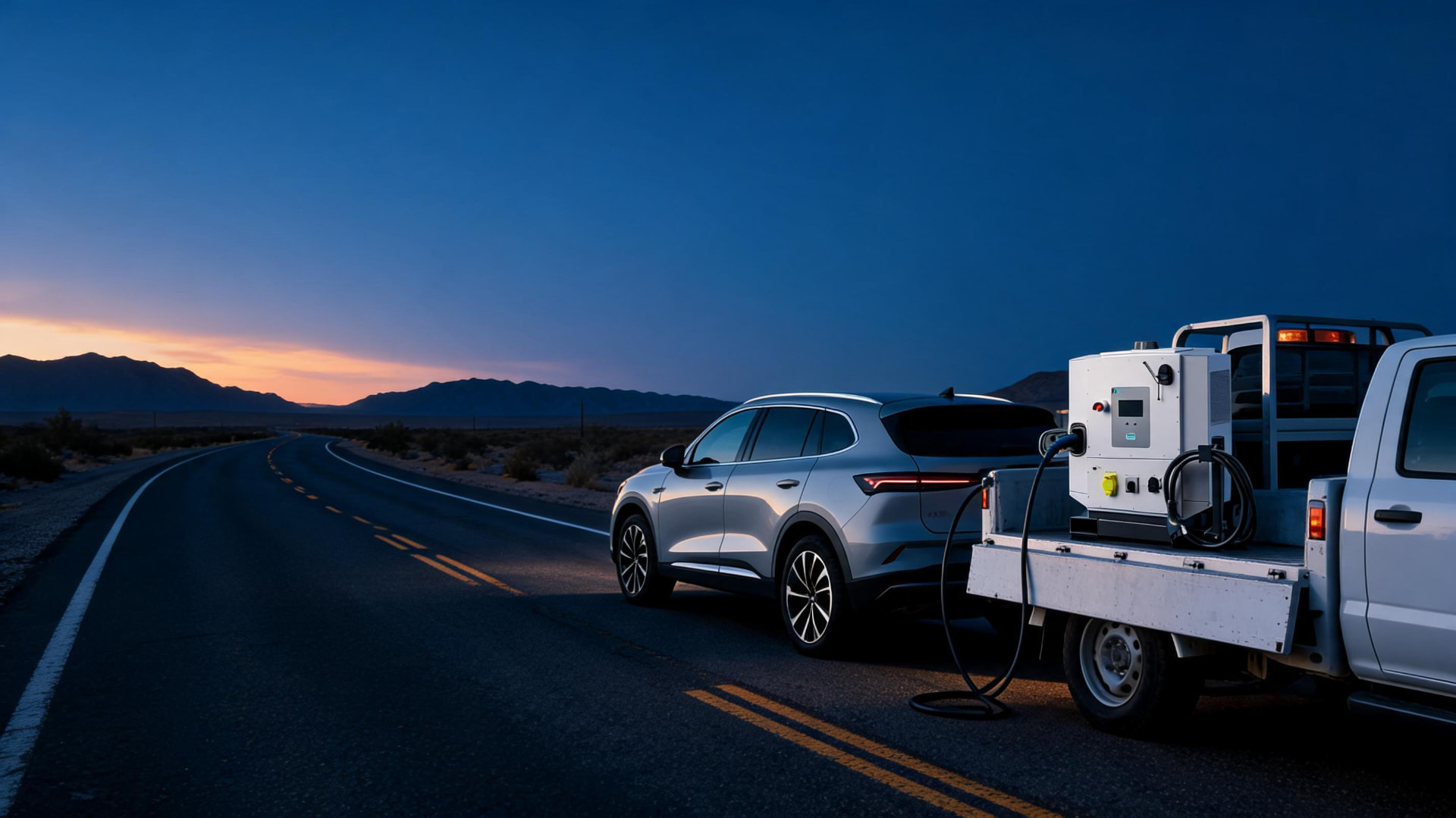 Pii mobile DC fast charging unit on a desert highway at dusk, charging an SUV from a service truck