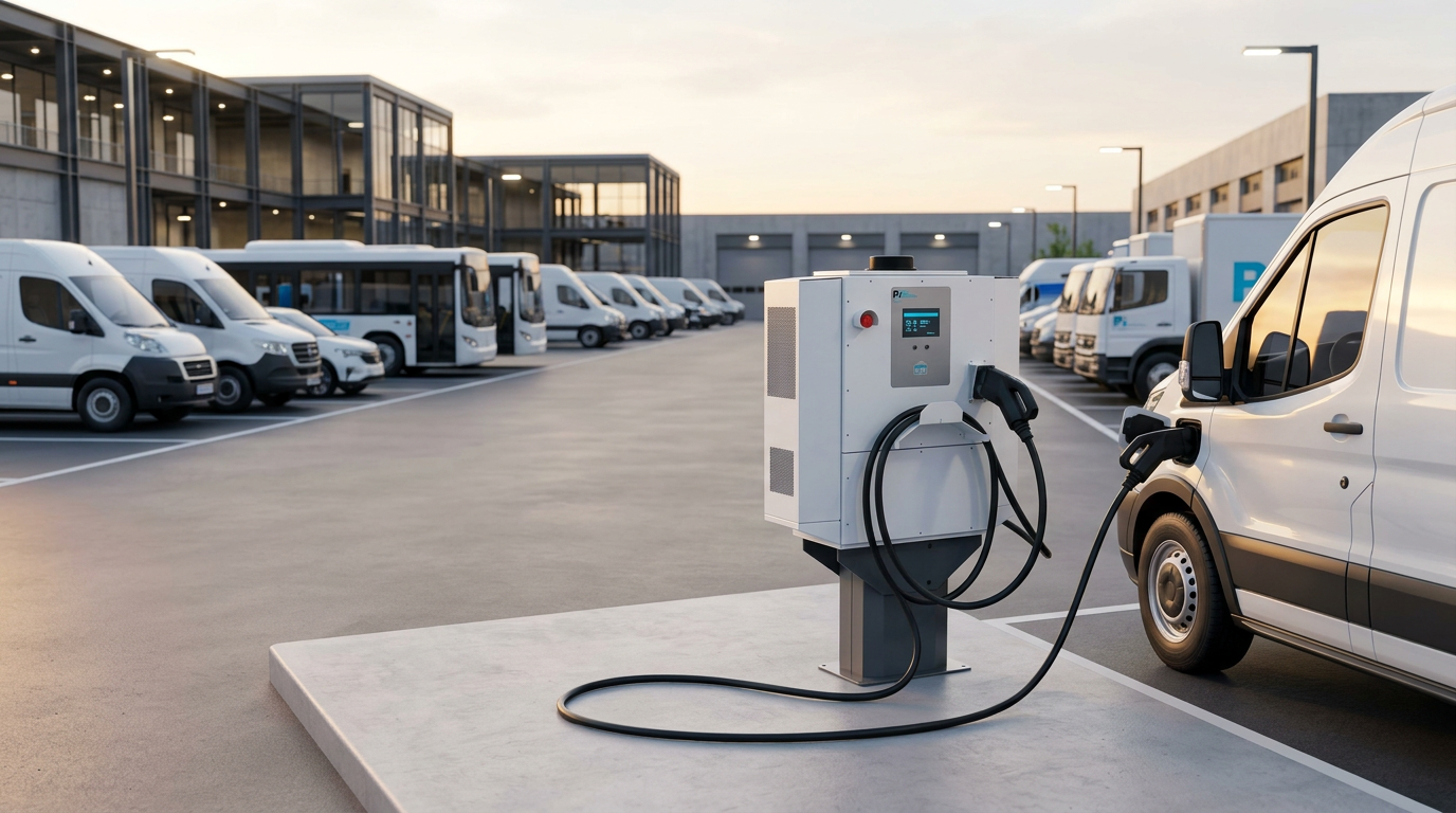 Pii DC fast charger at a municipal fleet yard with vans, buses, and city vehicles
