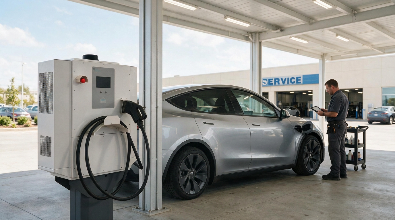 Pii No-Upgrade Fast Charger installed at a service station charging a vehicle